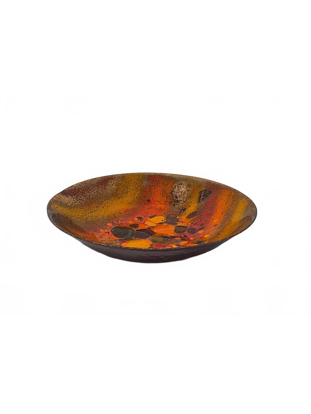Vintage Abstract Enameled Metal Dish Orange Yellow Trinket Bowl 4.5"